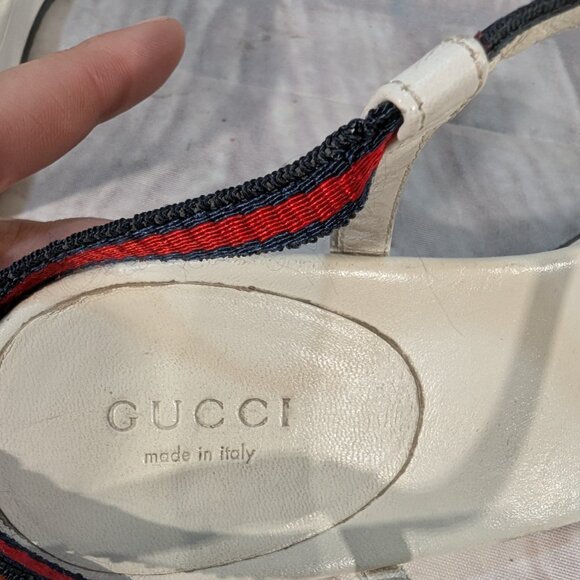 Gucci Women's White Sylvie Web Accent Leather T-Strap Sandals - Picture 5 of 9